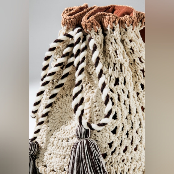 Handmade Crocheted Boho Backpack - Bucket Style - Cloth Backed Leather Straps - Picture 8 of 11